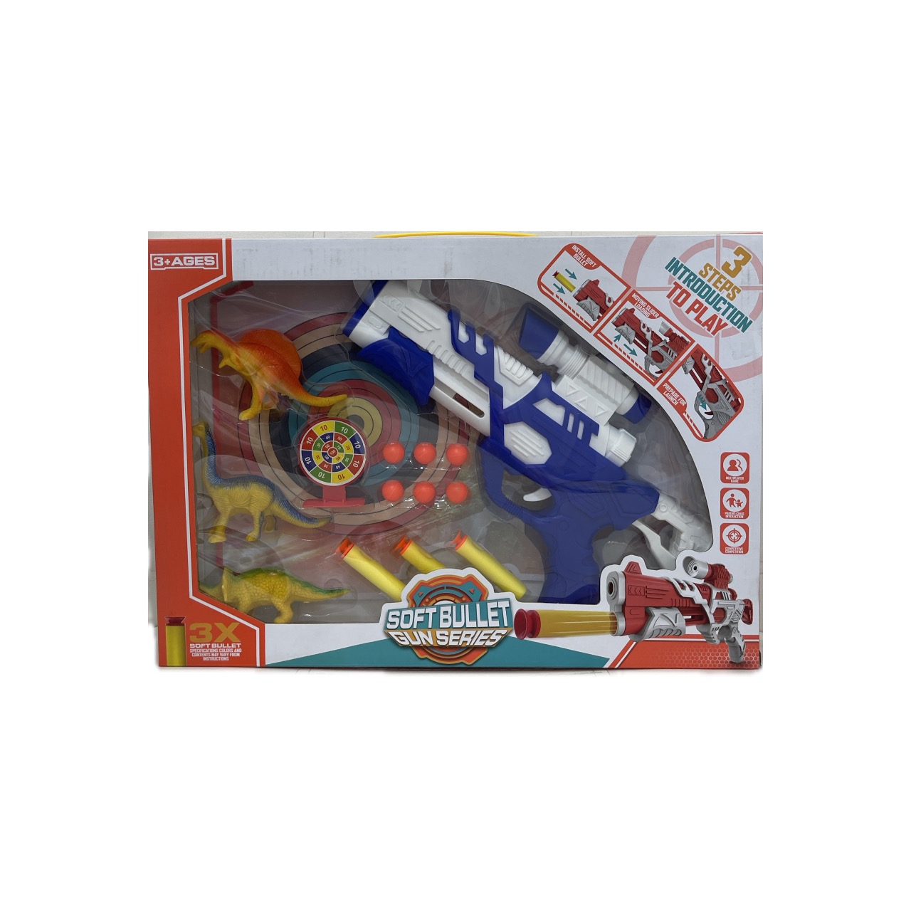 تفنگ تیر اسفنجی با فیگورهای دایناسور و سیبل هدف‌گیری